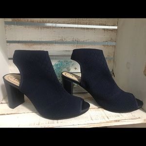 Navy blue open toe sock ankle booties life stride